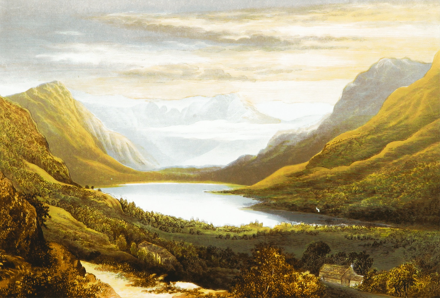 landscape painting with river between mountains