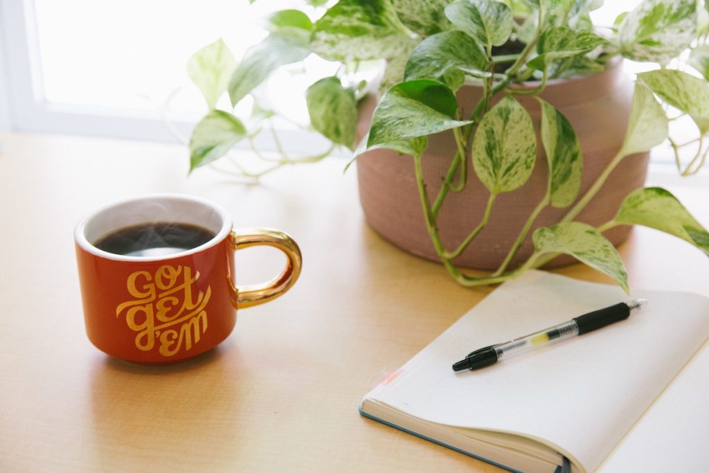 coffee and notebook on table with plant